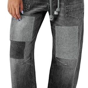 Womens Baggy Barrel Horseshoe Jeans Wide Leg Patchwork Low Rise Denim Pants 2